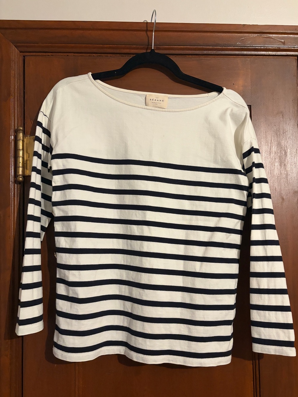 Sezane Cream and Navy Striped Boatneck Sweater with Button Accents